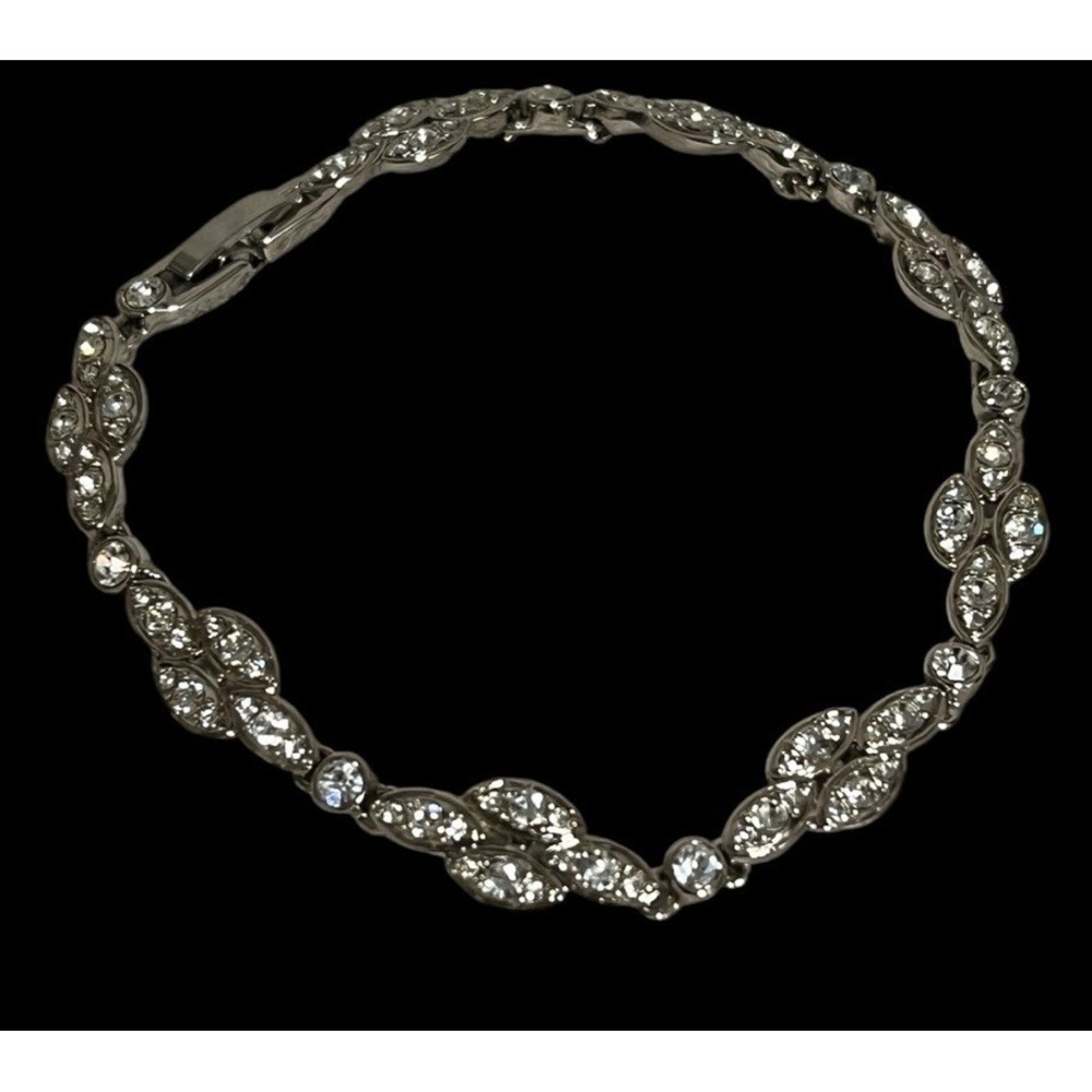 Vintage Monet Rhinestone Bracelet Silver Tone Marquise Navette Link Signed 7.75"